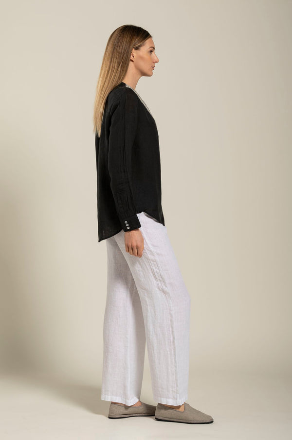 120% Lino Long Sleeve Blouse With V-Neck And Sequin Detail WHITE