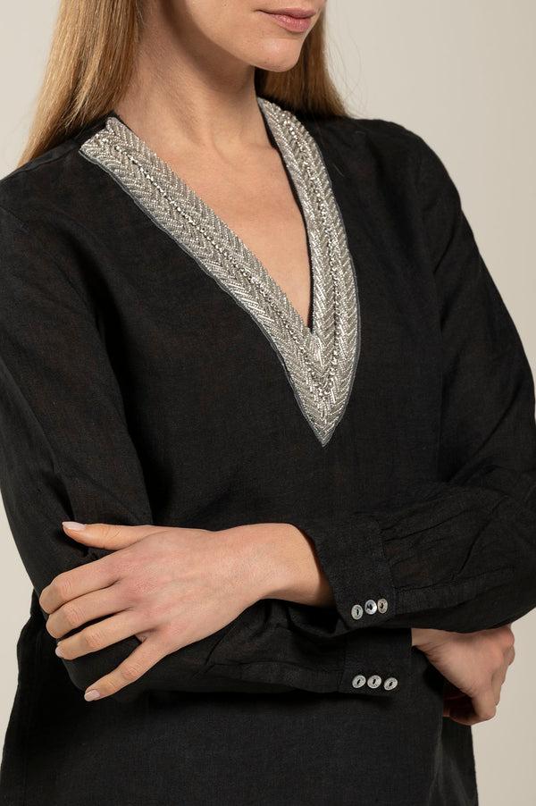 120% lino Long Sleeve Blouse With V-Neck and Sequin Detail WHITE
