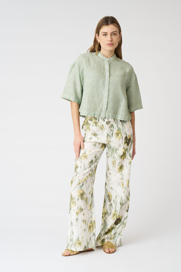 120% Lino Mandarin Collar Cropped Shirt PISTACHE SOFT FADE