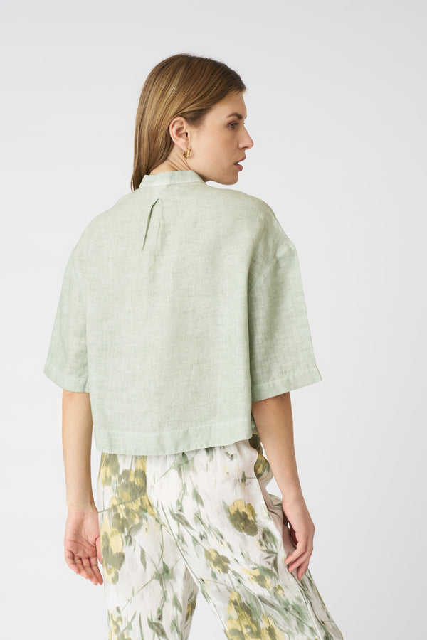 120% Lino Mandarin Collar Cropped Shirt PISTACHE SOFT FADE