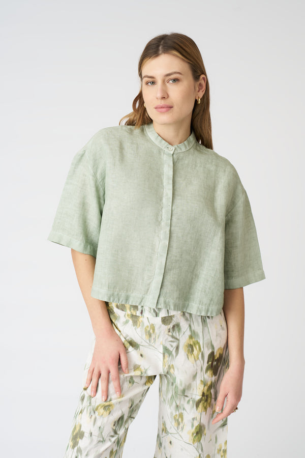 120% lino Mandarin Collar Cropped Shirt PISTACHE SOFT FADE