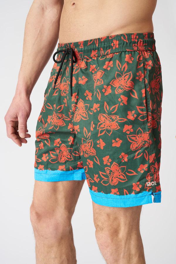 120% Lino Painted Flower With Contrast Stripe Swim Trunks PRINT+SCUBA