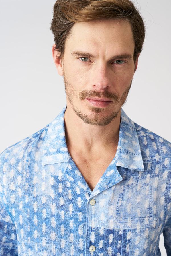 120% Lino Patchwork Effect Notched Collar Regular Fit Shirt AIR