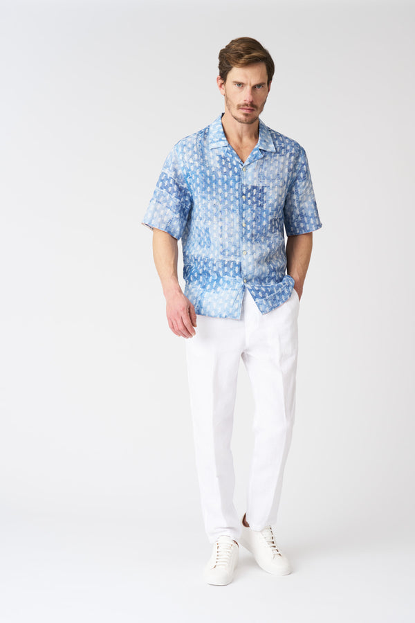 120% Lino Patchwork Effect Notched Collar Regular Fit Shirt AIR