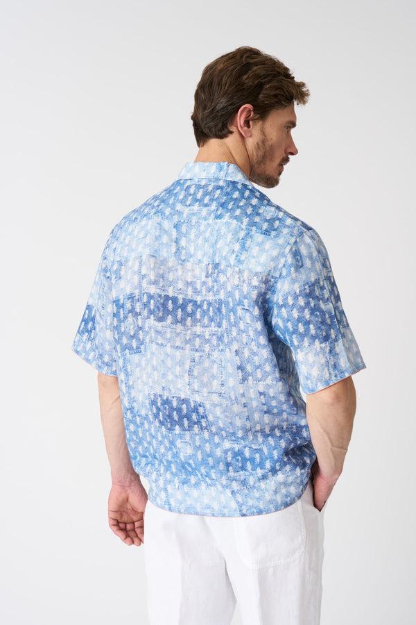 120% Lino Patchwork Effect Notched Collar Regular Fit Shirt AIR