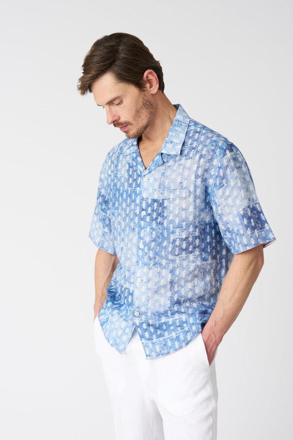 120% lino Patchwork Effect Notched Collar Regular Fit Shirt AIR