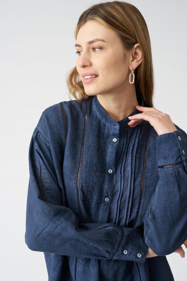 120% Lino Pintuck Eyehook Detail Shirt Dress NAVY FADE