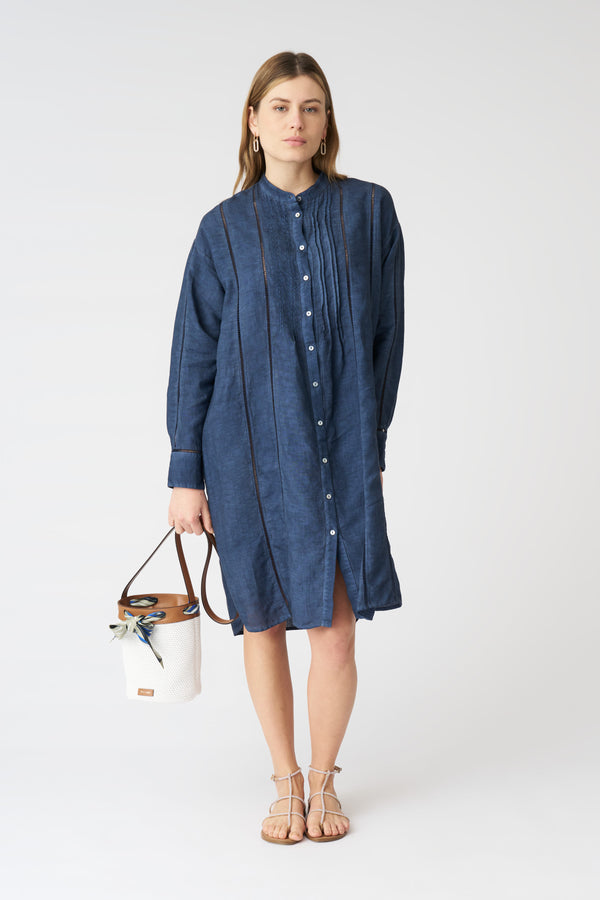 120% Lino Pintuck Eyehook Detail Shirt Dress NAVY FADE