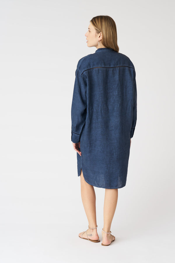 120% Lino Pintuck Eyehook Detail Shirt Dress NAVY FADE