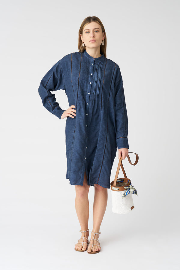 120% lino Pintuck Eyehook Detail Shirt Dress NAVY FADE