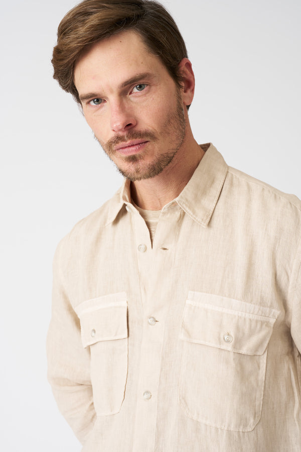 120% Lino Regular Fit Shirt With Patch Pockets BEIGE SOFT FADE