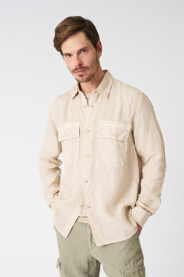 120% lino Regular Fit Shirt with Patch Pockets BEIGE SOFT FADE