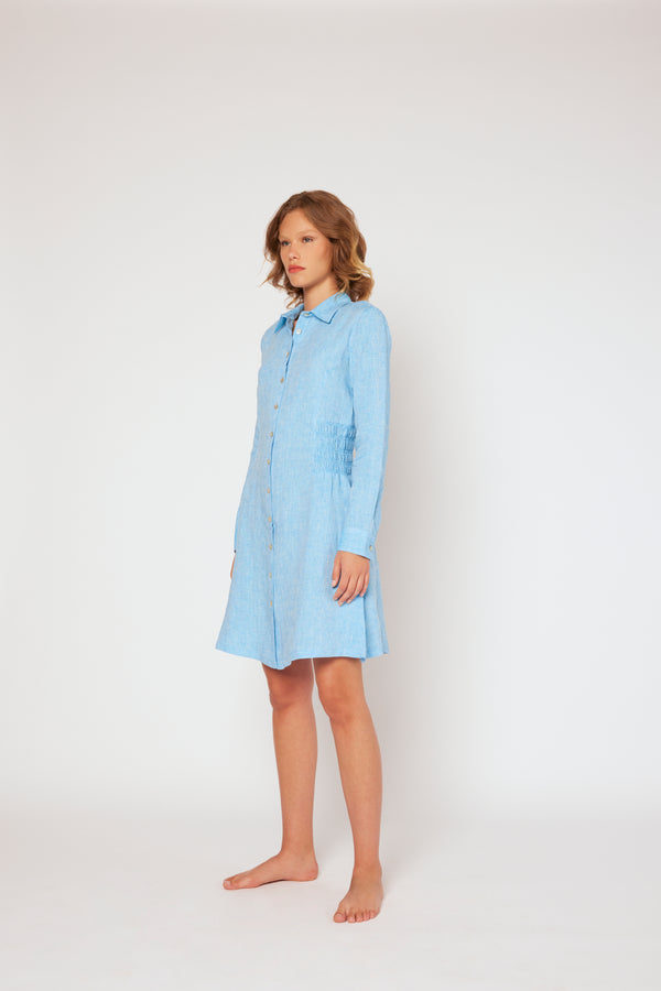 120% Lino Shirt Dress With Elasticized Ruched Waist Blue