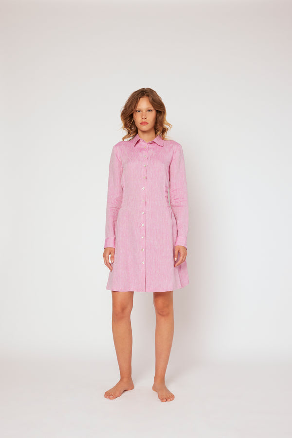 120% lino Shirt Dress with Elasticized Ruched Waist Blue