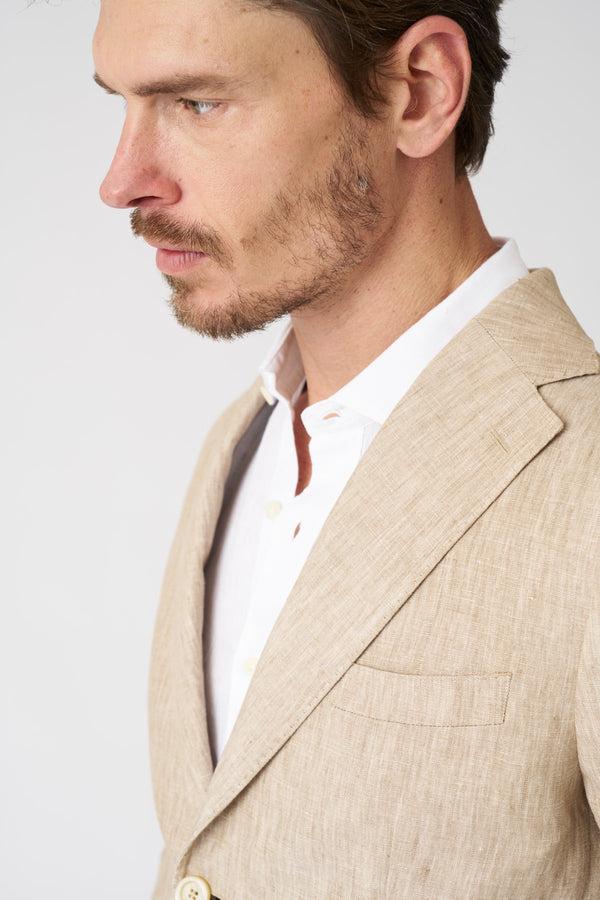 120% Lino Slim Fit Single Breasted Blazer With Patch Pockets BEIGE