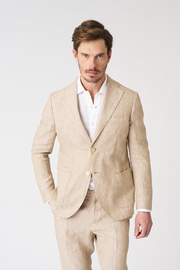 120% lino Slim Fit Single Breasted Blazer with Patch Pockets BEIGE