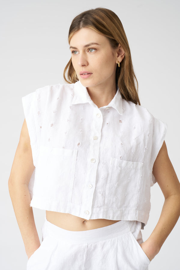120% Lino Textured Relief Details Cropped Shirt WHITE