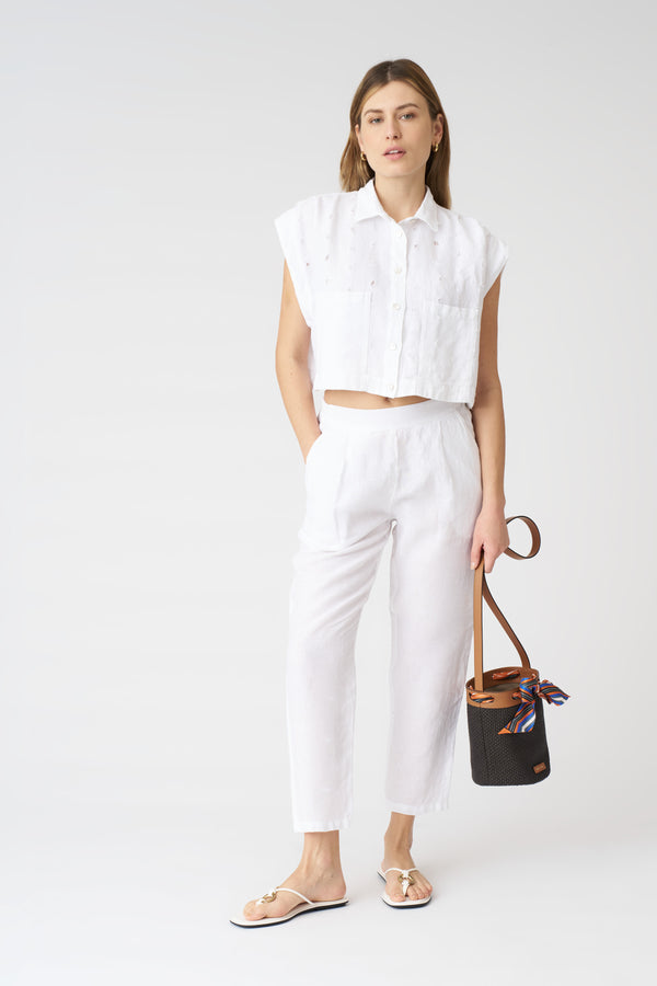 120% Lino Textured Relief Details Cropped Shirt WHITE