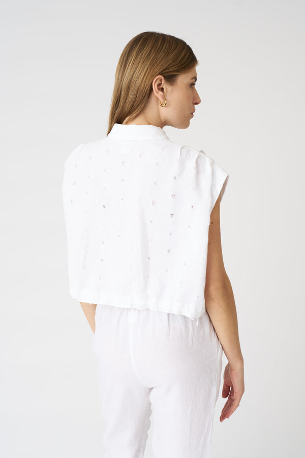 120% Lino Textured Relief Details Cropped Shirt WHITE