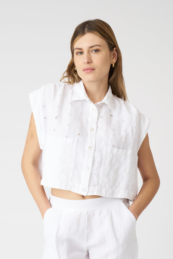 120% lino Textured Relief Details Cropped Shirt WHITE