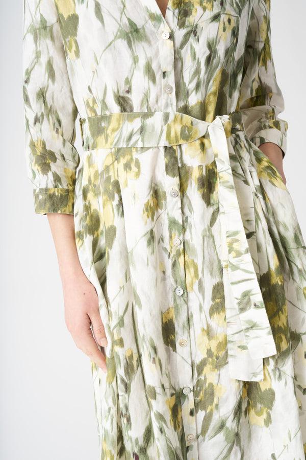 120% Lino The Japanese Flower Shirt Dress WASHED-GREEN PRINT