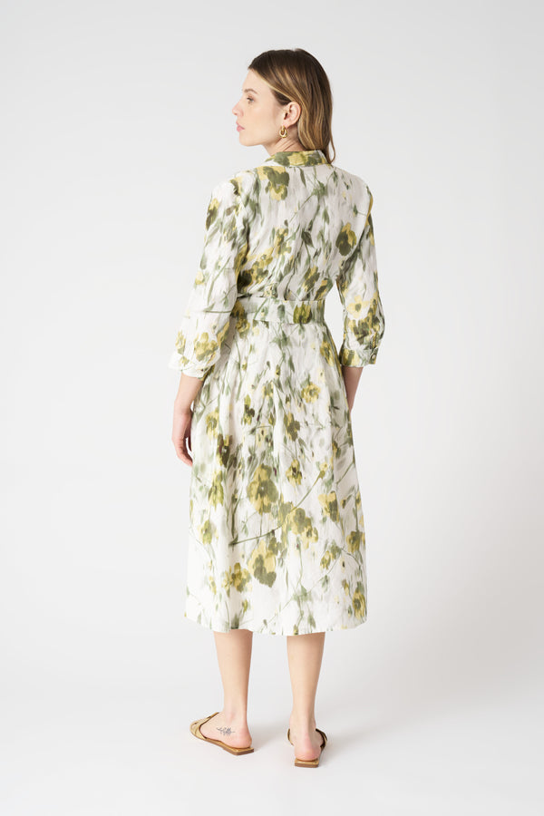 120% Lino The Japanese Flower Shirt Dress WASHED-GREEN PRINT