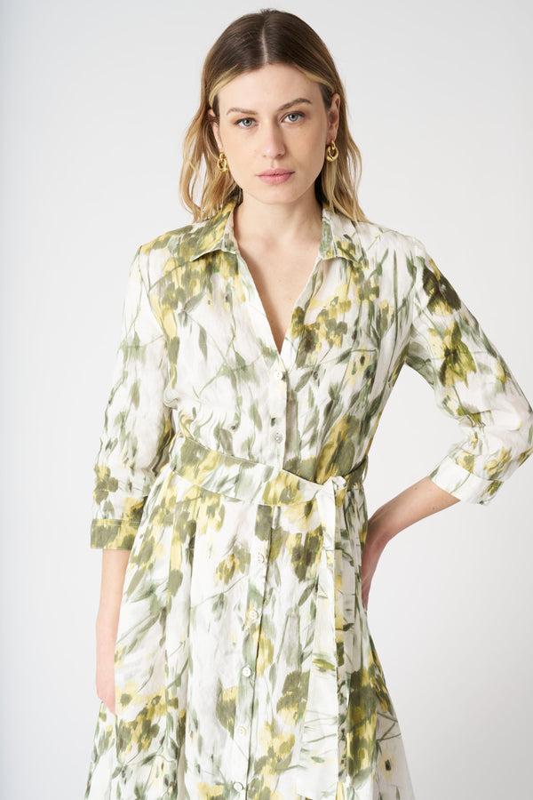120% Lino The Japanese Flower Shirt Dress WASHED-GREEN PRINT