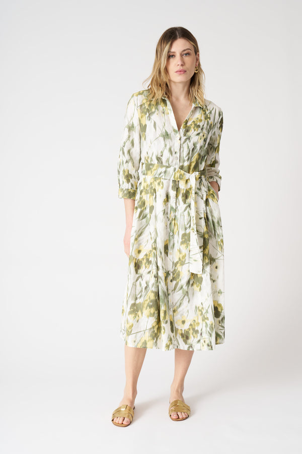 120% lino The Japanese Flower Shirt Dress WASHED-GREEN PRINT