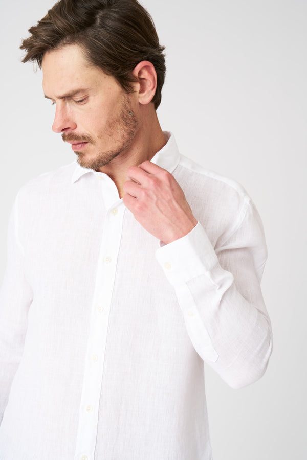 120% Lino White Classic Slim Fit Medium Linen Shirt WHITE