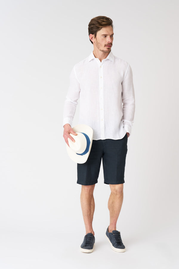 120% Lino White Classic Slim Fit Medium Linen Shirt WHITE