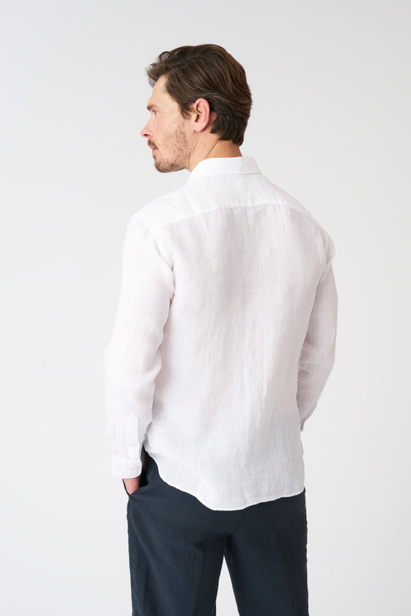 120% Lino White Classic Slim Fit Medium Linen Shirt WHITE