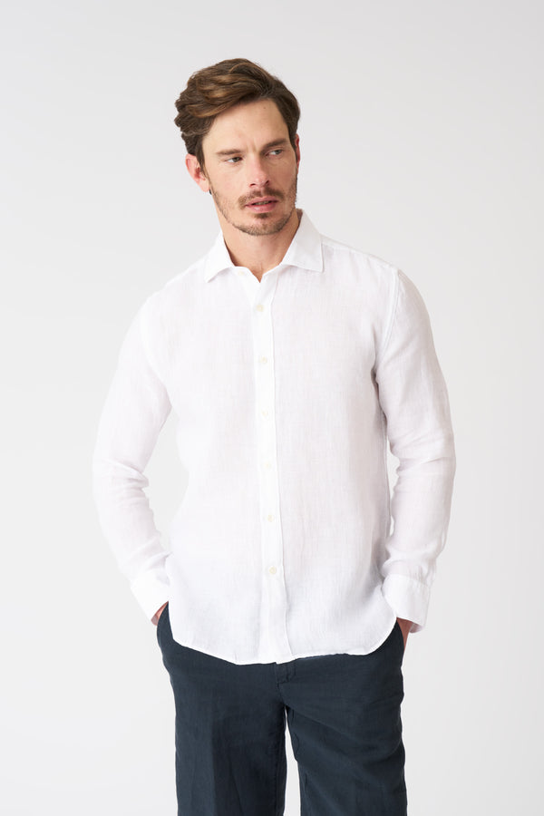 120% lino White Classic Slim Fit Medium Linen Shirt WHITE