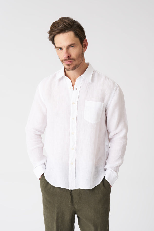 120% lino White Italian Collar Regular Fit Shirt with Pocket WHITE