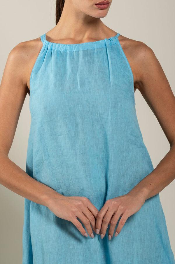 120% lino Woman Crew Neck Maxi Dress FUXIA SOFT FADE