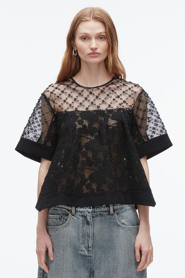 3.1 Phillip Lim Corded Lace Organza Top BLACK