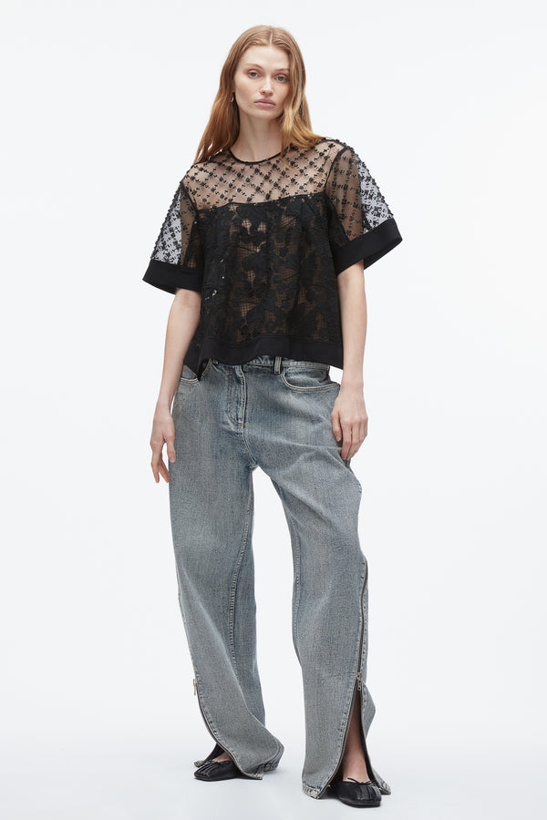 3.1 phillip lim Corded Lace Organza Top BLACK