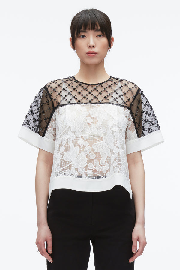 3.1 Phillip Lim Corded Lace Organza Top WHITE-BLK