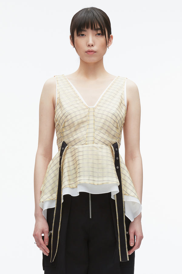 3.1 Phillip Lim Plaid Organza V-Neck Top HAY MULTI
