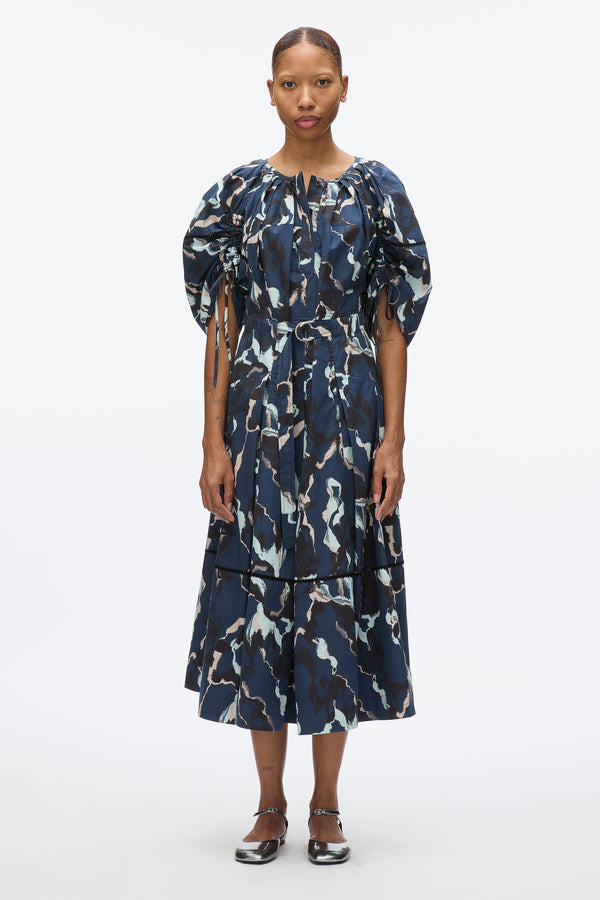 3.1 phillip lim Abstract Vines Gathered Sleeve Dress NAVY MULTI