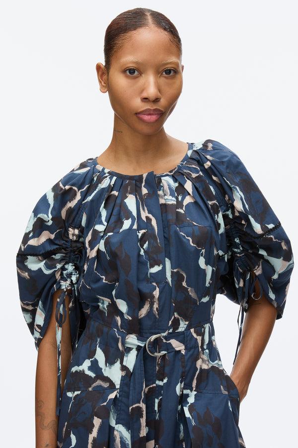 3.1 Phillip Lim Abstract Vines Gathered Sleeve Dress NAVY MULTI