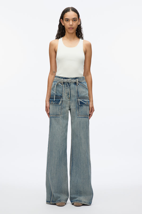3.1 phillip lim Cargo Wide Leg Belted Jeans WASHED INDIGO