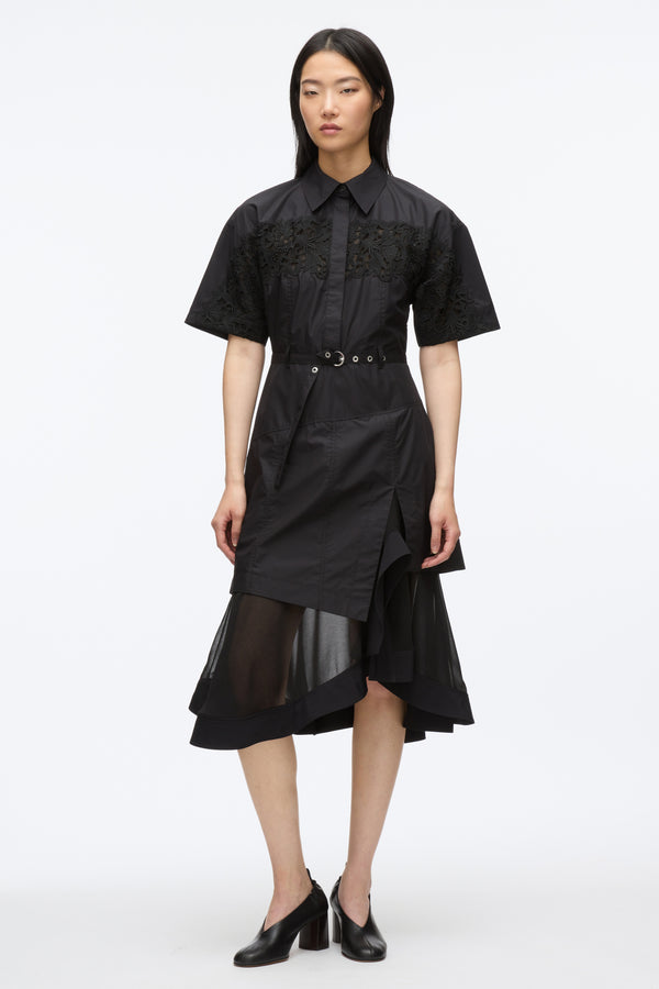 3.1 phillip lim Cascade Hem Shirt Dress with Lace BLACK