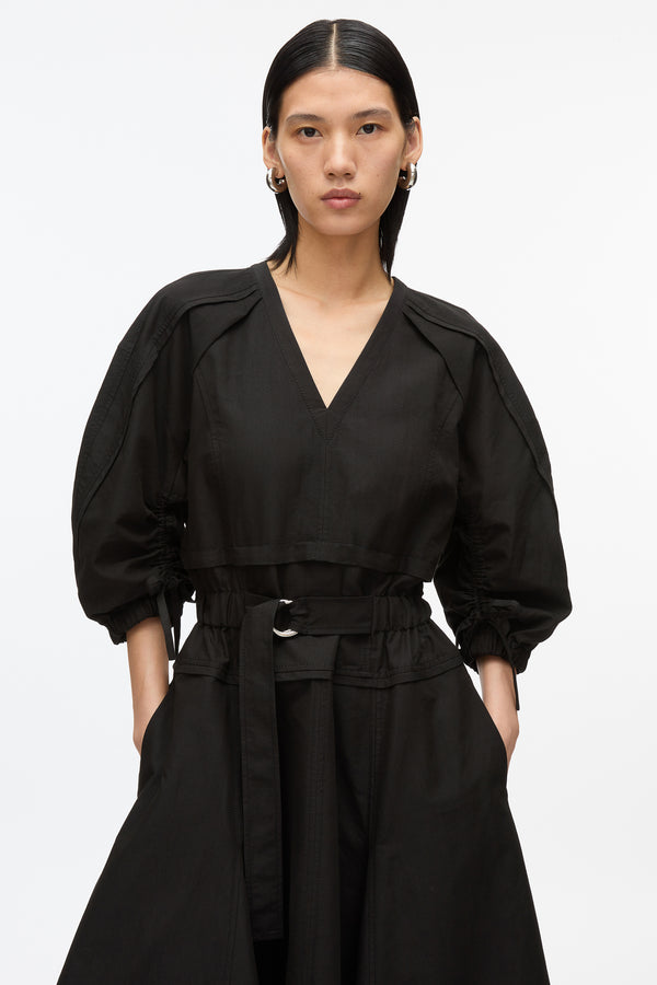 3.1 Phillip Lim Cinched V-Neck Dress With Gathered Sleeves BLACK