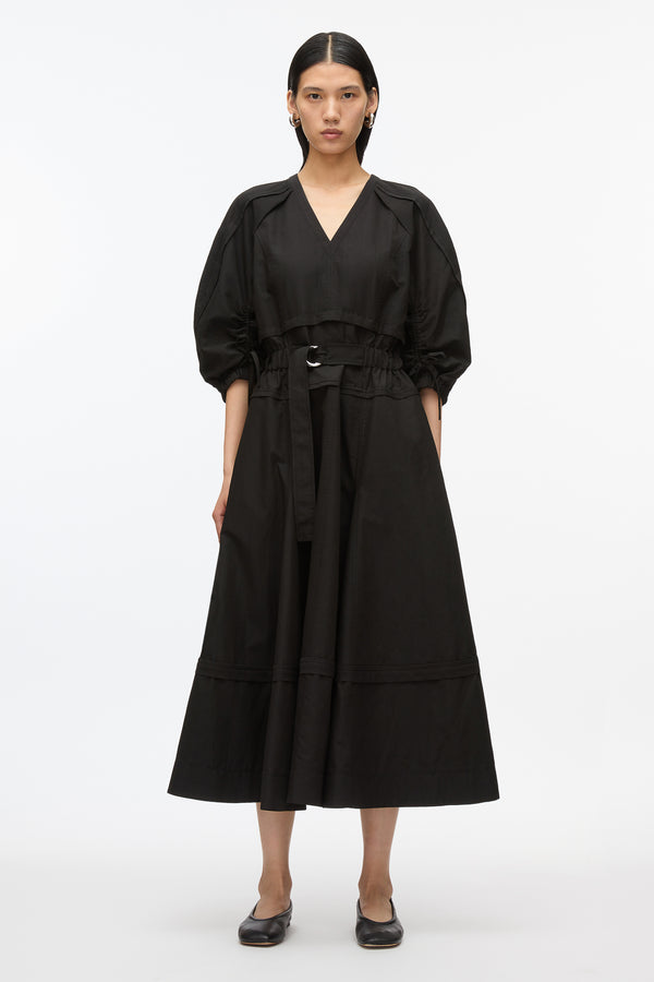 3.1 phillip lim Cinched V-Neck Dress with Gathered Sleeves BLACK