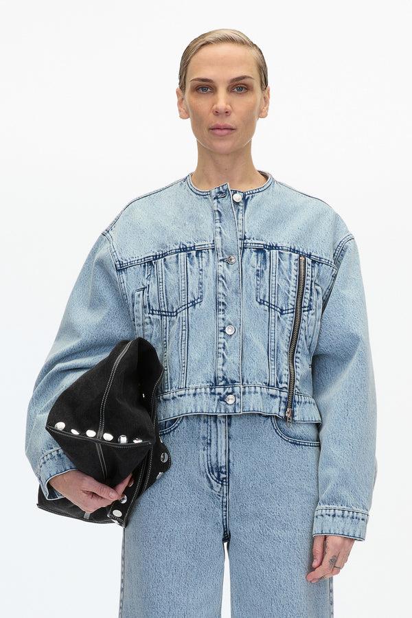 3.1 Phillip Lim Crewneck Cropped Denim Jacket MALIBU BLUE