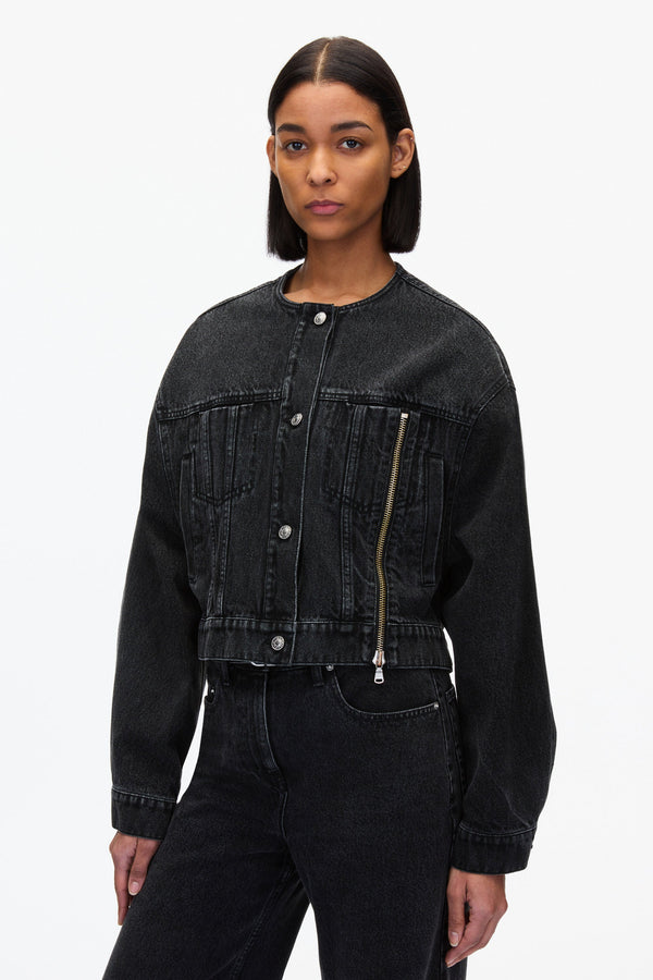 3.1 Phillip Lim Crewneck Cropped Denim Jacket WASHED BLK