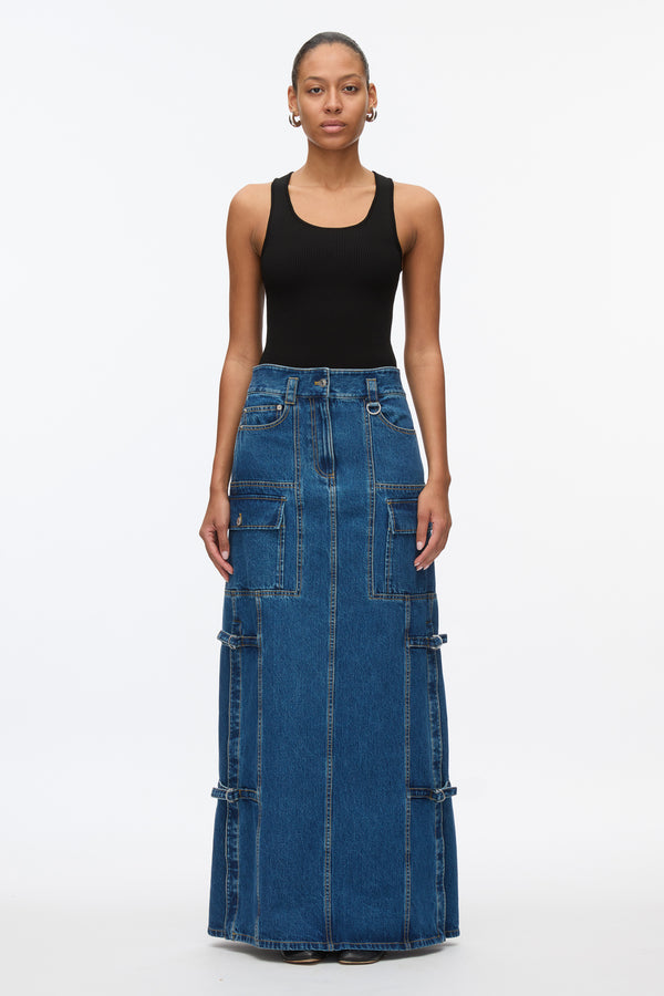 3.1 Phillip Lim Denim Cargo Maxi Skirt VINTAGE BLUE