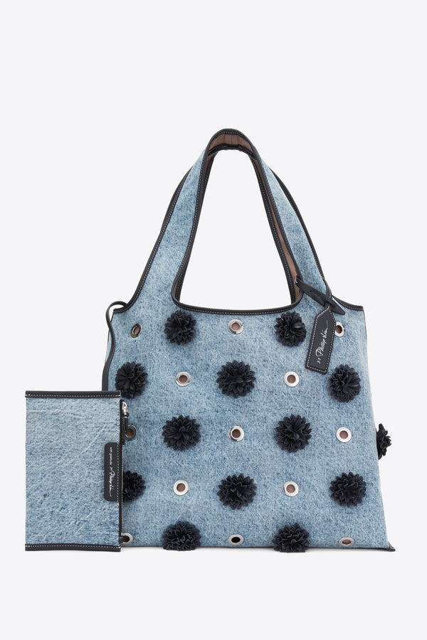 3.1 phillip lim Denim Market Tote with Leather Flowers WASHED INDIGO
