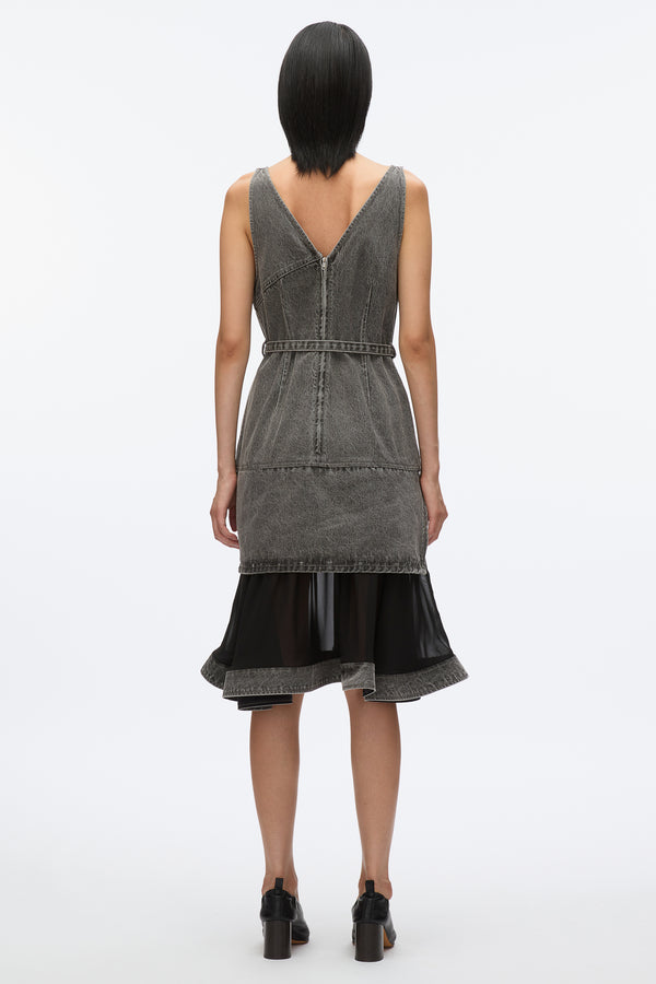 3.1 Phillip Lim Denim V Neck Dress With Chiffon Hem WASHED GREY