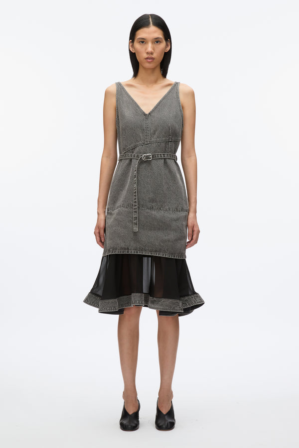 3.1 Phillip Lim Denim V Neck Dress With Chiffon Hem WASHED GREY